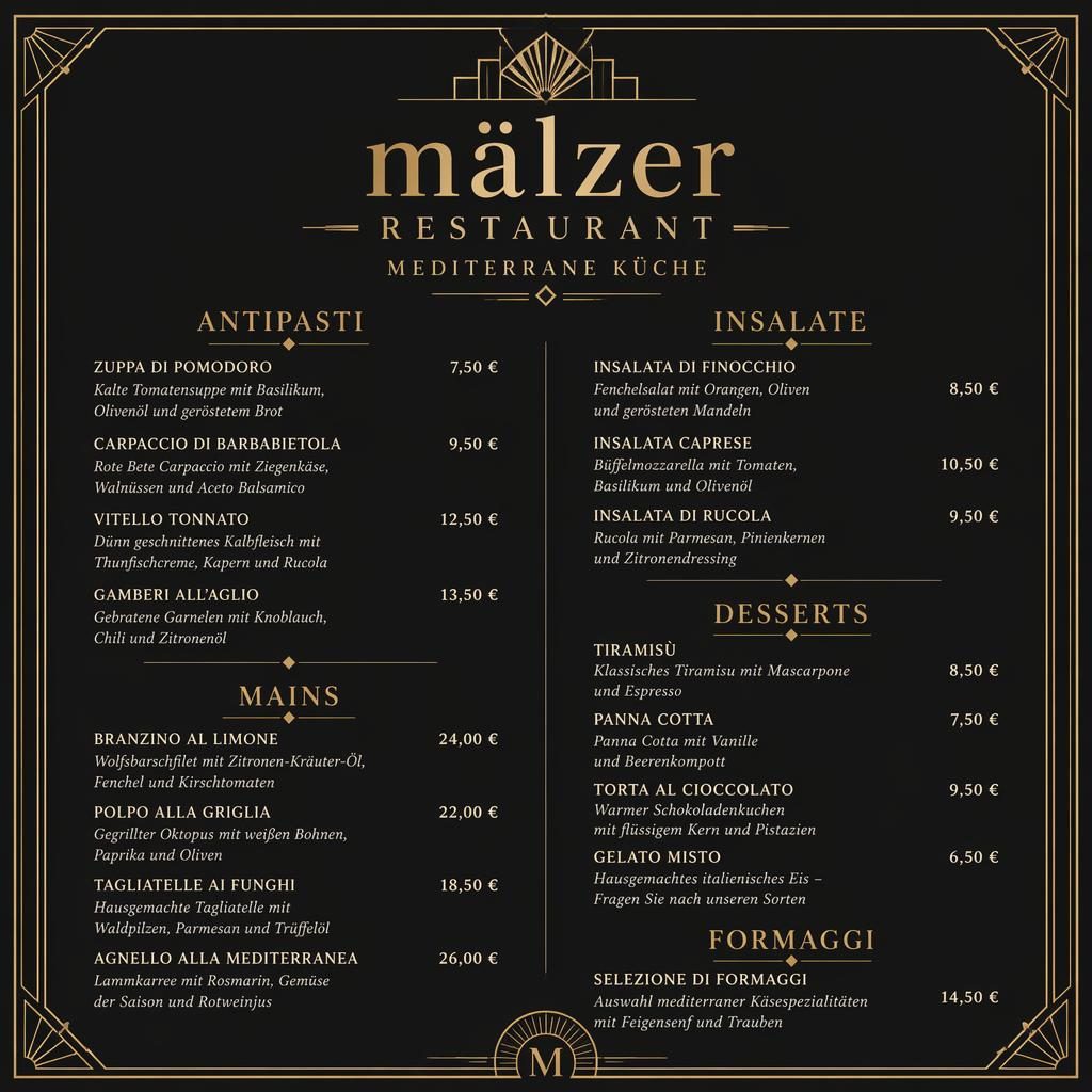 A4-Dessertkarte für mälzer restaurant im Art-Déco-Stil, schwarz-gold, mit dekorativem Header, Platzhaltertext und Preisen.