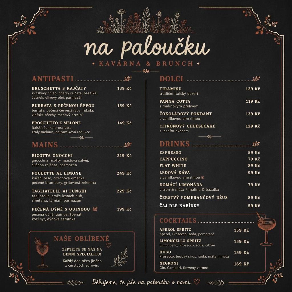 A4 nápojový a koktejlový lístek v křídovém café stylu, krémovo-rezavá paleta, dekorativní záhlaví a ceny