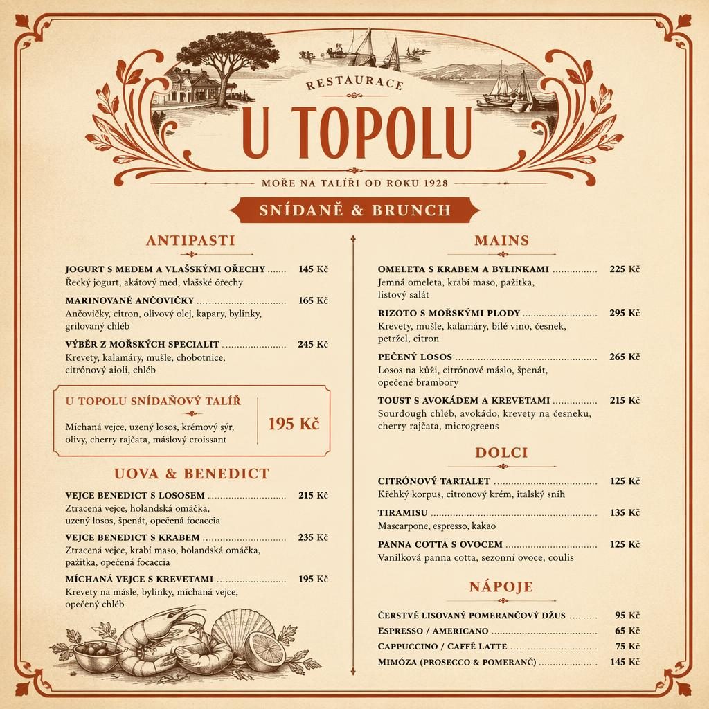 A4 vintage menu karta u topolu menu v krémové a rezavé paletě, brunch s mořskými plody a dekorativní hlavičkou