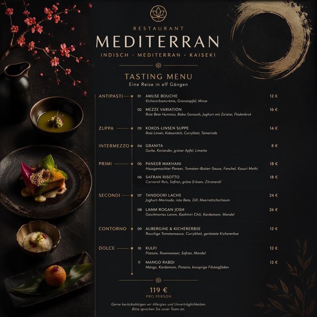 A4-Menükarte im Hochformat für restaurant mediterran, japanisch-kaiseki inspiriert, dunkle Farbpalette, Preisspalte