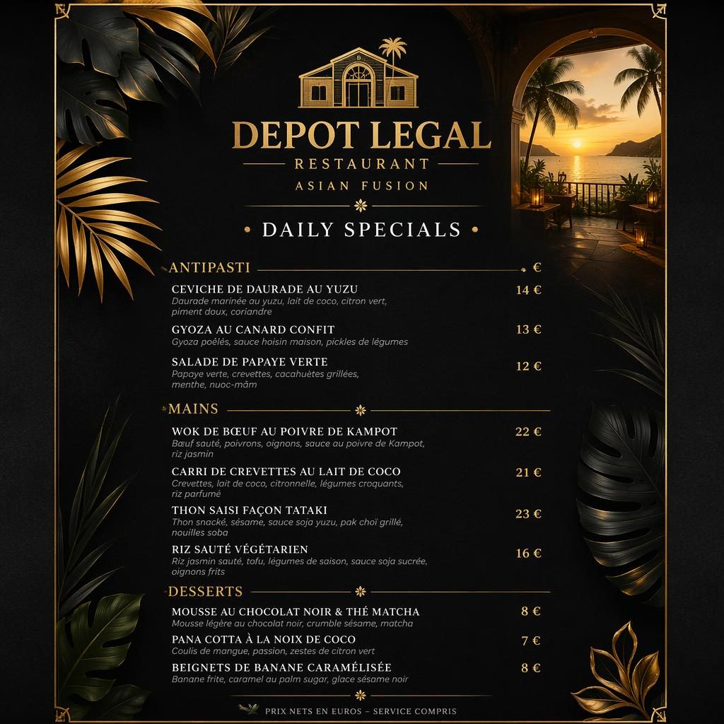 Carte de menu A4 portrait pour depot legal restaurant, style resort tropical noir et or, rubriques, plats et colonne de prix.