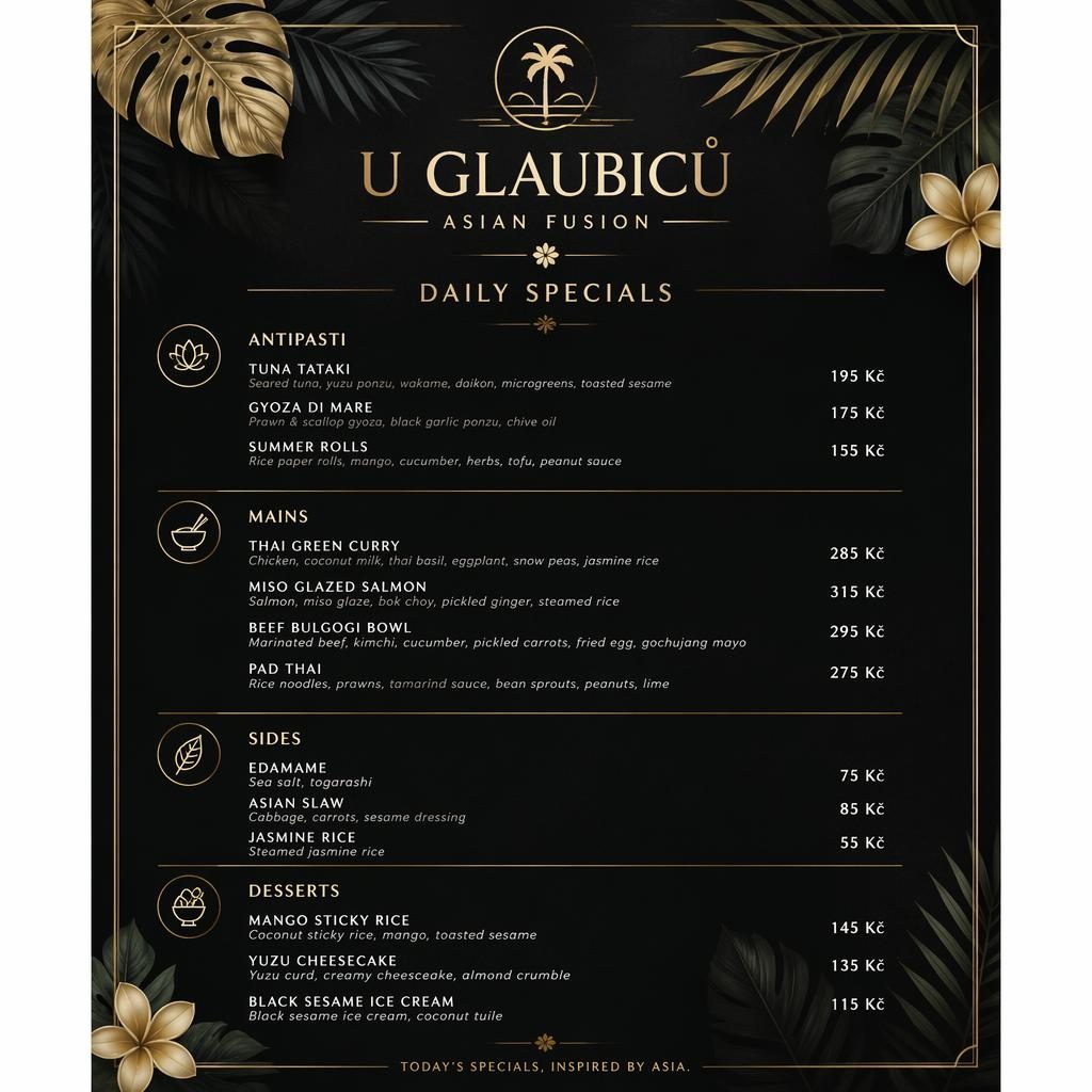 Tisková karta denního menu U Glaubiců ve formátu A4, černo-zlatý tropický design, sekce jídel a sloupec cen.