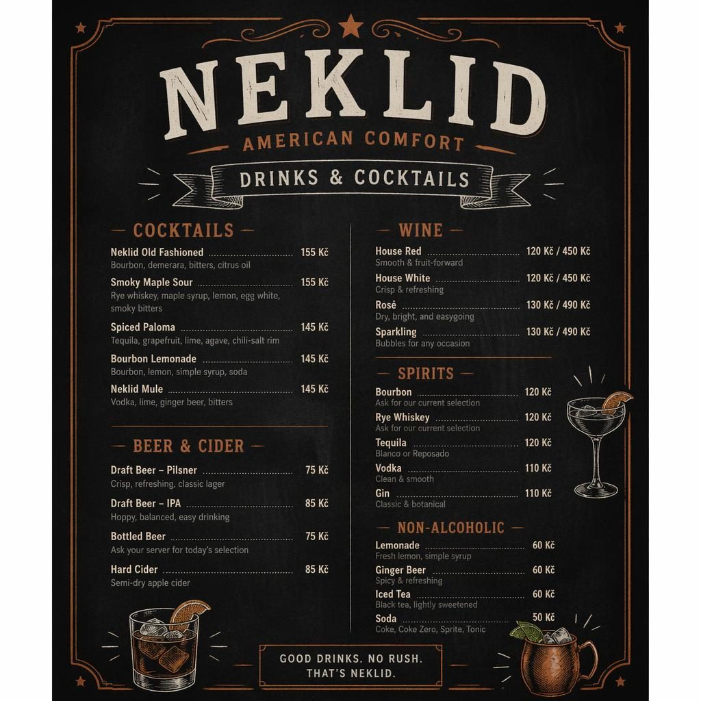 A4 koktejlový lístek neklid menu ve stylu tabulové kavárny, teplé zemité tóny, dekorativní hlavička a sloupce cen.