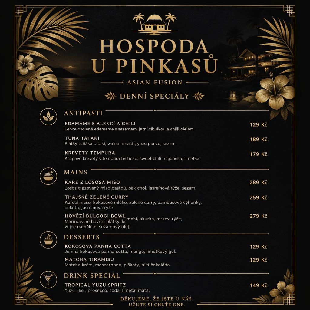 Menu karta A4 na výšku pro Hospoda U Pinkasů, černo-zlatý tropický design, sekce jídel, ceny a ozdobná hlavička.