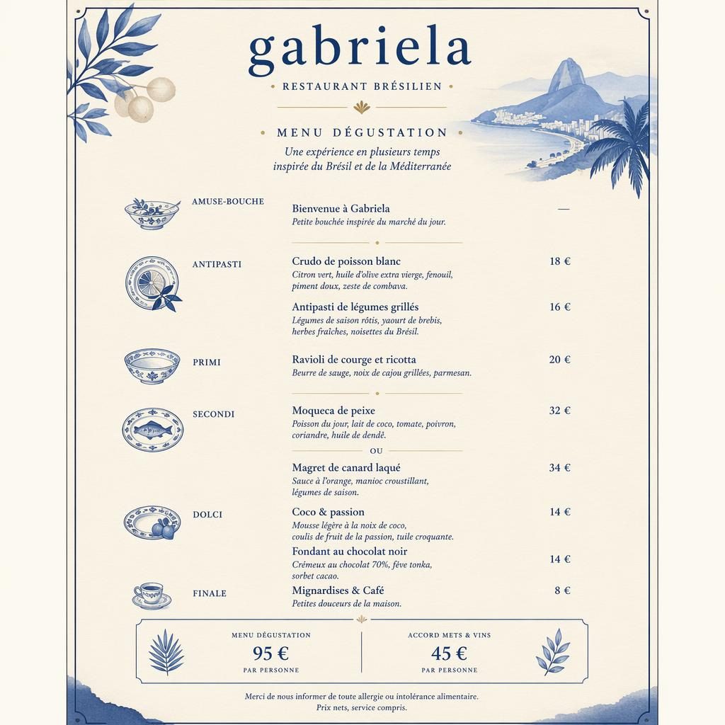 Carte de menu dégustation A4 en portrait, palette bleu méditerranéen et crème, style kaiseki japonais.