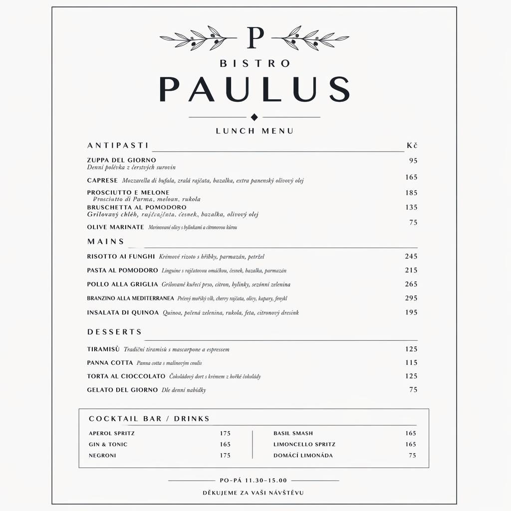 Minimalistická černobílá menu karta A4 na výšku pro bistro paulus menu s typografickými sekcemi a sloupcem cen.