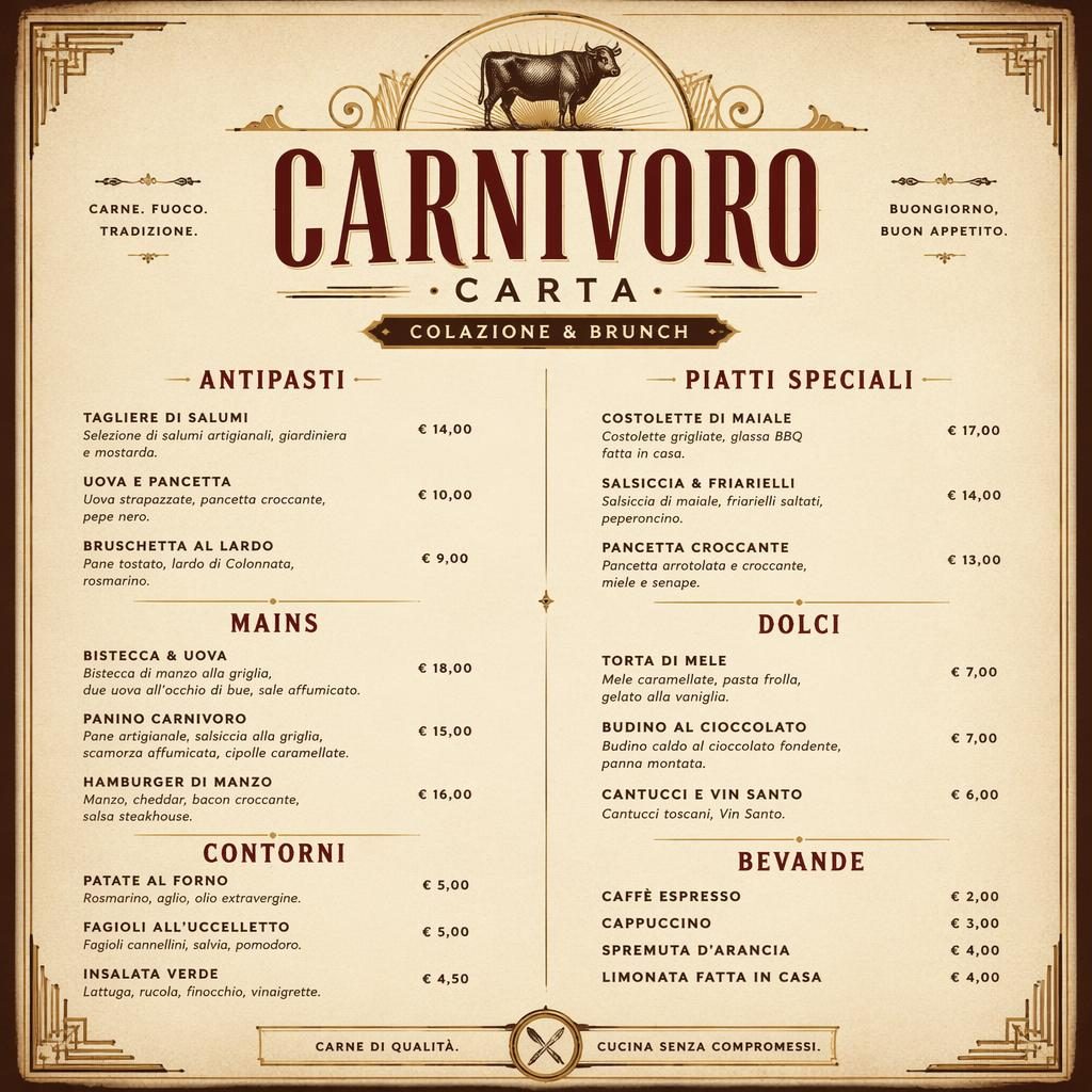 Tarjeta de menú italiano para brunch en formato A4 vertical, estilo vintage años 20, paleta tierra cálida y precios.