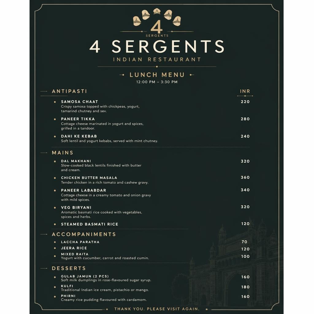 Carte de menu déjeuner A4 en portrait, style suisse minimaliste, palette sombre, avec en-tête décoratif et colonne de prix.