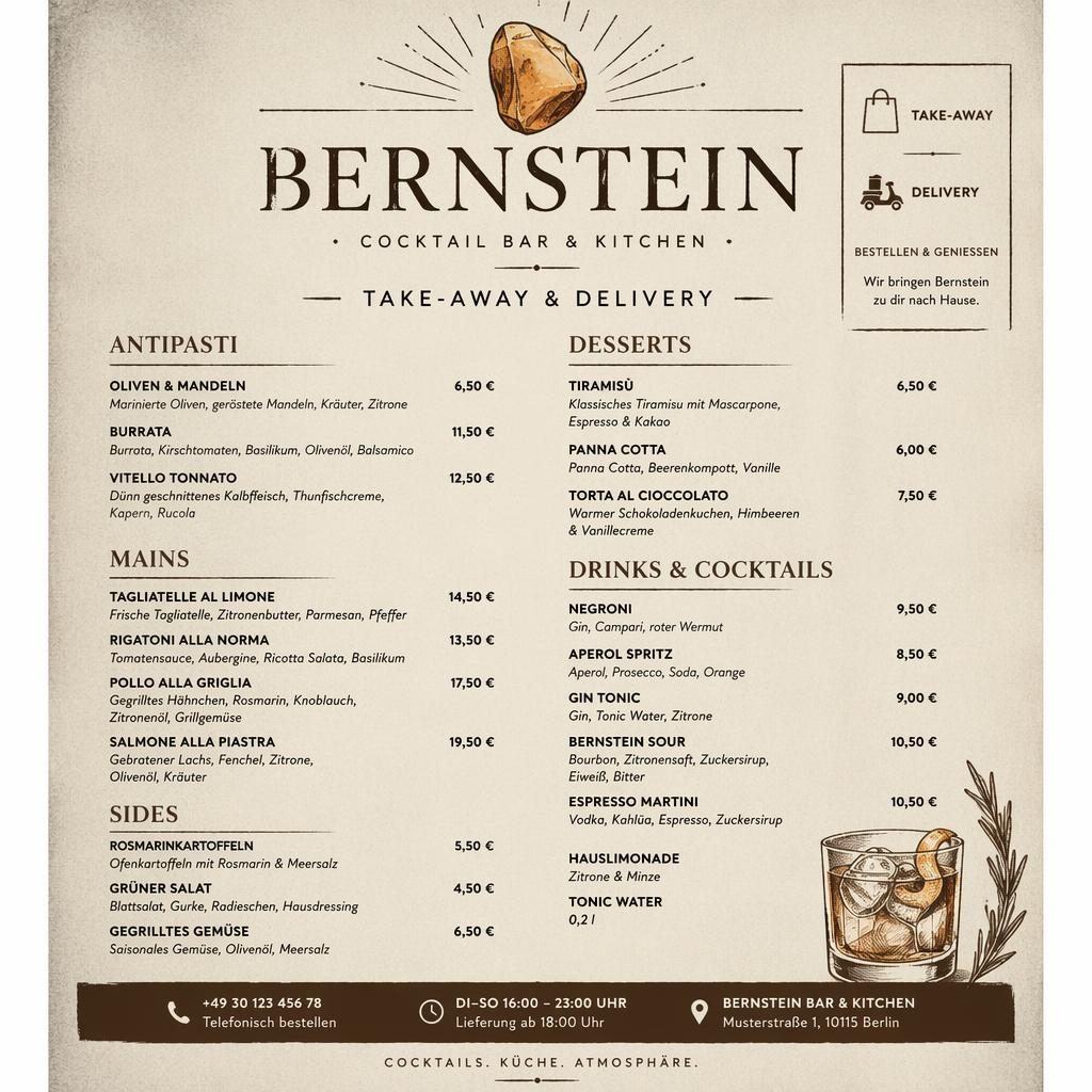 A4-Menükarte für Restaurant Bernstein im Hochformat, warm-rustikal, monochrom, mit Rubriken, Platzhaltertext und Preisspalte