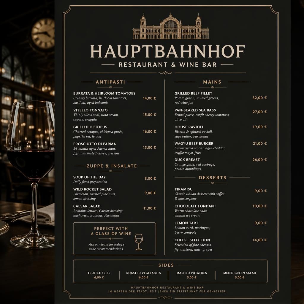 A4-Menükarte im Hochformat für hauptbahnhof restaurant, dunkel-edel mit Weinkarte, Rubriken, Gerichtsnamen und Preisen.