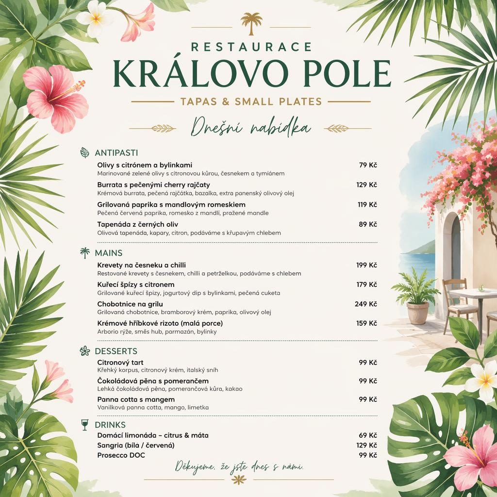 A4 menu karta restaurace královo pole na výšku, tropický resort styl, svěží jarní paleta, sekce jídel a sloupec s cenami.