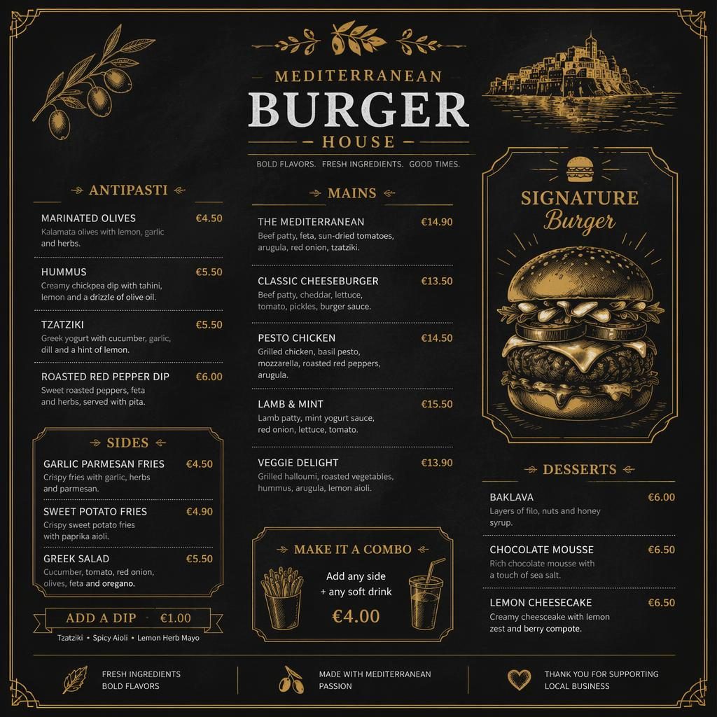 A4 portrait restaurant menu card layout in black and gold chalkboard style with decorative header and placeholder items.