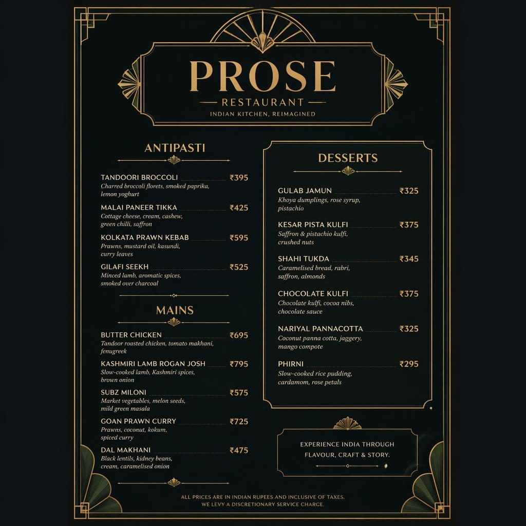 Carte de desserts A4 en portrait pour prose restaurant, style art déco sombre, en-tête décoratif, typographie factice et colonne de prix.