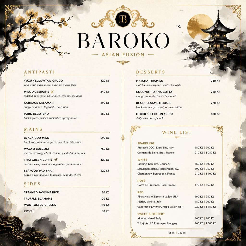 Ilustrovaný vinný lístek A4 na výšku v černo-zlaté paletě, akvarelový barokní dekor, záhlaví restaurace a ceny.