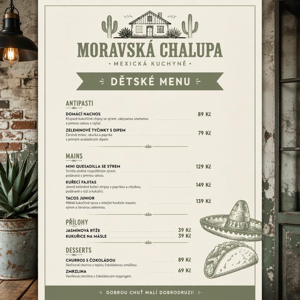A4 jídelní lístek pro děti s názvem moravská chalupa menu, industriální loft styl, šalvějová a slonovinová.
