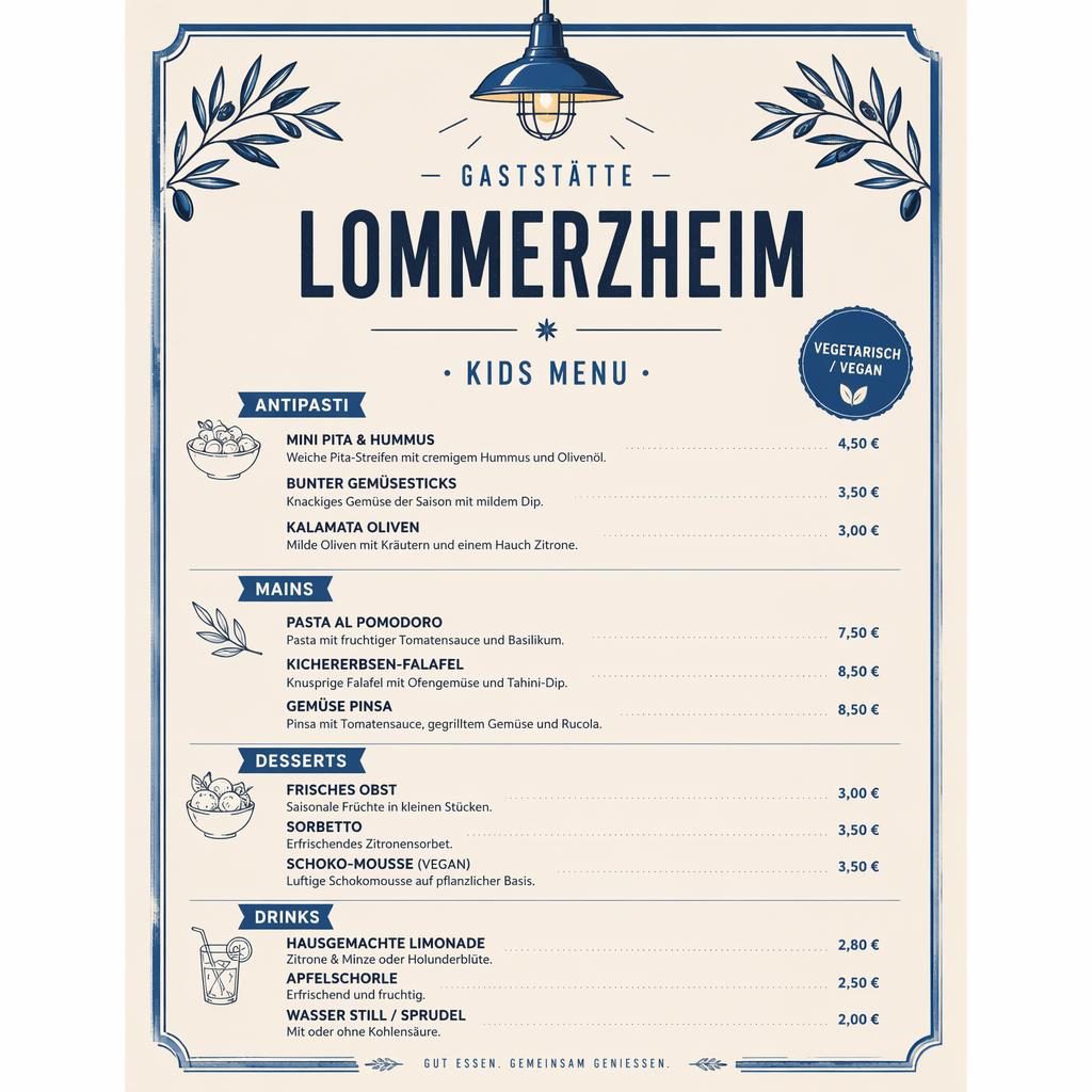 A4-Menükarte für Kinder von gaststätte lommerzheim, blau-creme, Industrial-Loft-Stil, mit Preisspalte und Platzhaltertext.