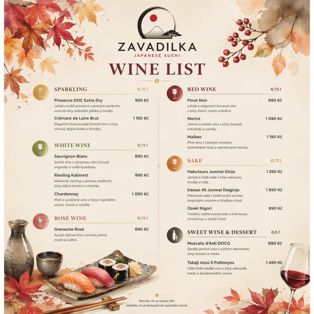 Akvarelový vinný lístek sushi restaurace ve formátu A4, podzimní paleta, dekorativní záhlaví, ceny a zástupný text.