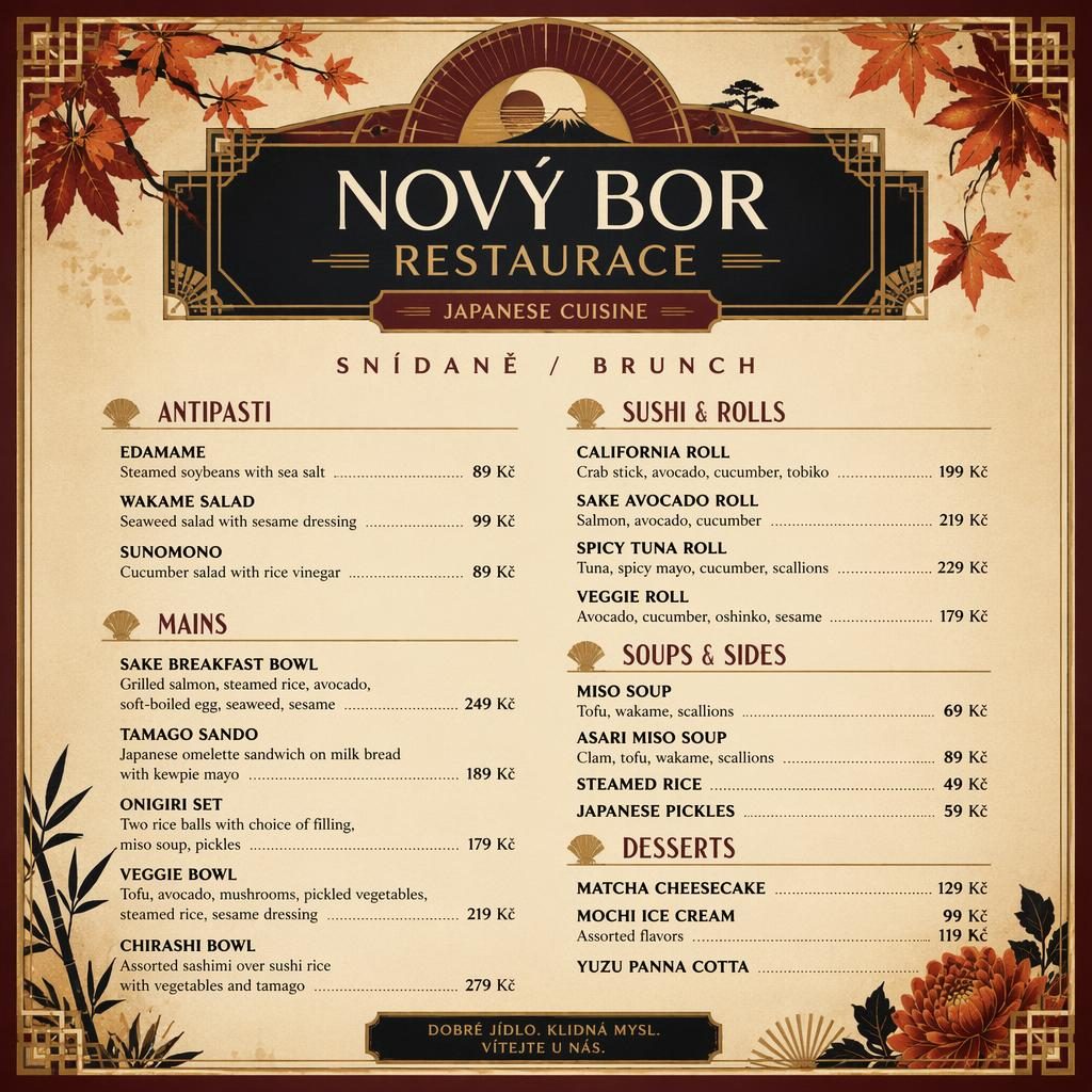 A4 menu karta pro nový bor restaurace, japonské sushi brunch menu ve stylu 20. let s podzimní paletou a cenami.