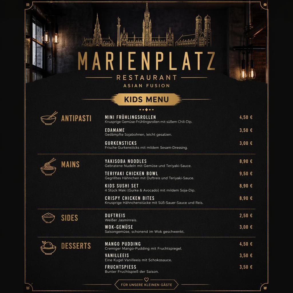 A4-Menükarte für marienplatz restaurant, Kindermenü im Industrial-Loft-Stil in Schwarz und Gold mit Platzhaltertext