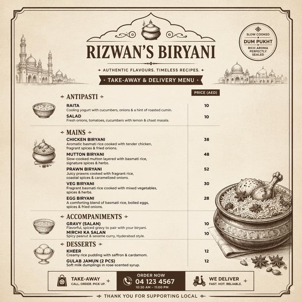 A4 portrait takeaway menu card layout with rustic warm monochrome styling, decorative header, placeholder dishes and prices.