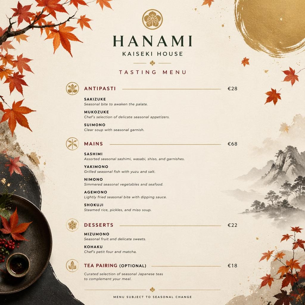 A4 portrait Japanese kaiseki tasting menu card with autumn palette, decorative header, placeholder dish names and prices.