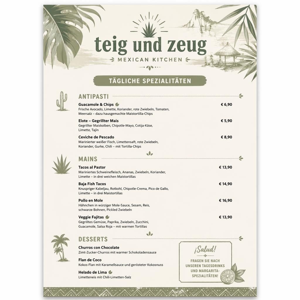 A4-Menükarte im Hochformat für teig und zeug, mexikanische Tagesgerichte in Salbei und Elfenbein, tropisches Layout.