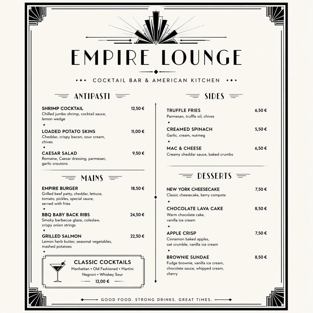 A4-Dessertkarte im Art-Déco-Stil für amerikanische restaurants, monochrom mit Deko-Header, Platzhaltertext und Preisen.