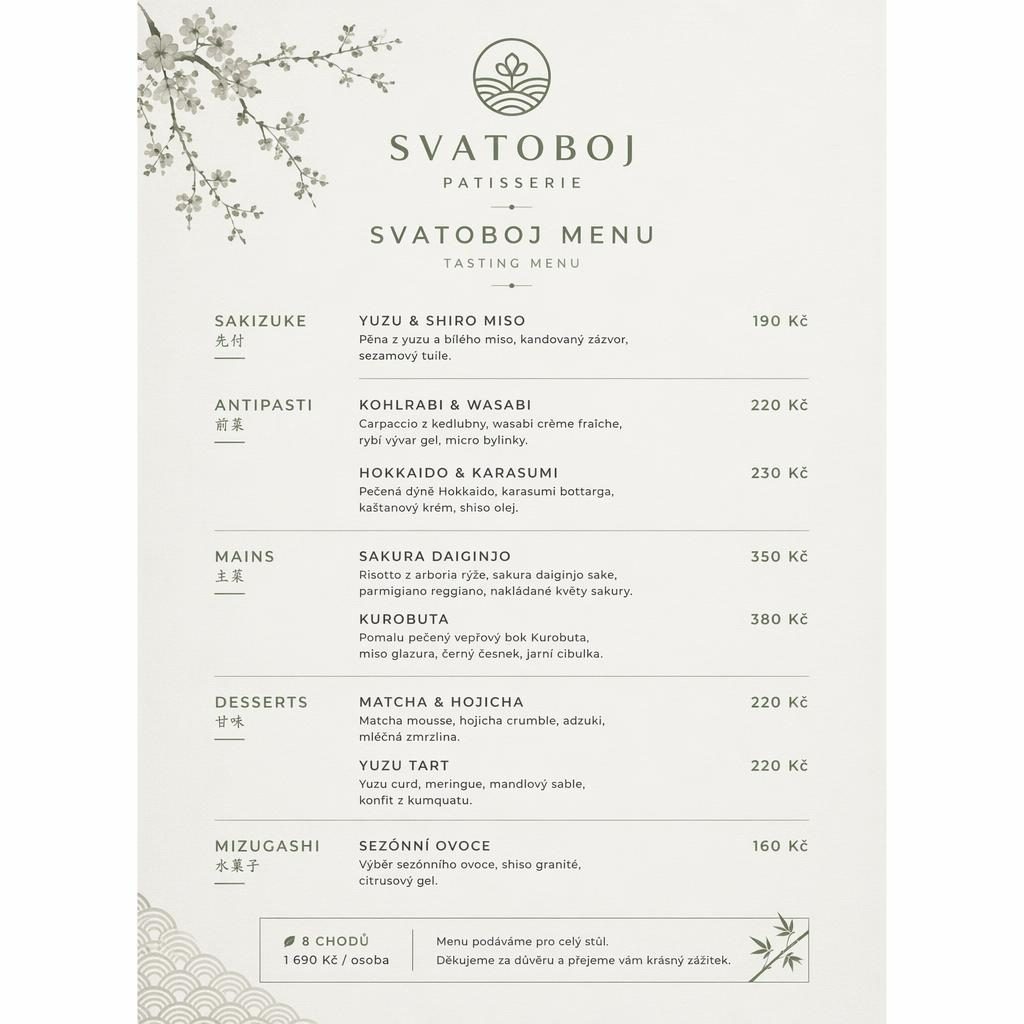A4 menu karta na výšku pro svatoboj menu, šalvějová a slonovinová paleta, dekorativní záhlaví, sekce a ceny.
