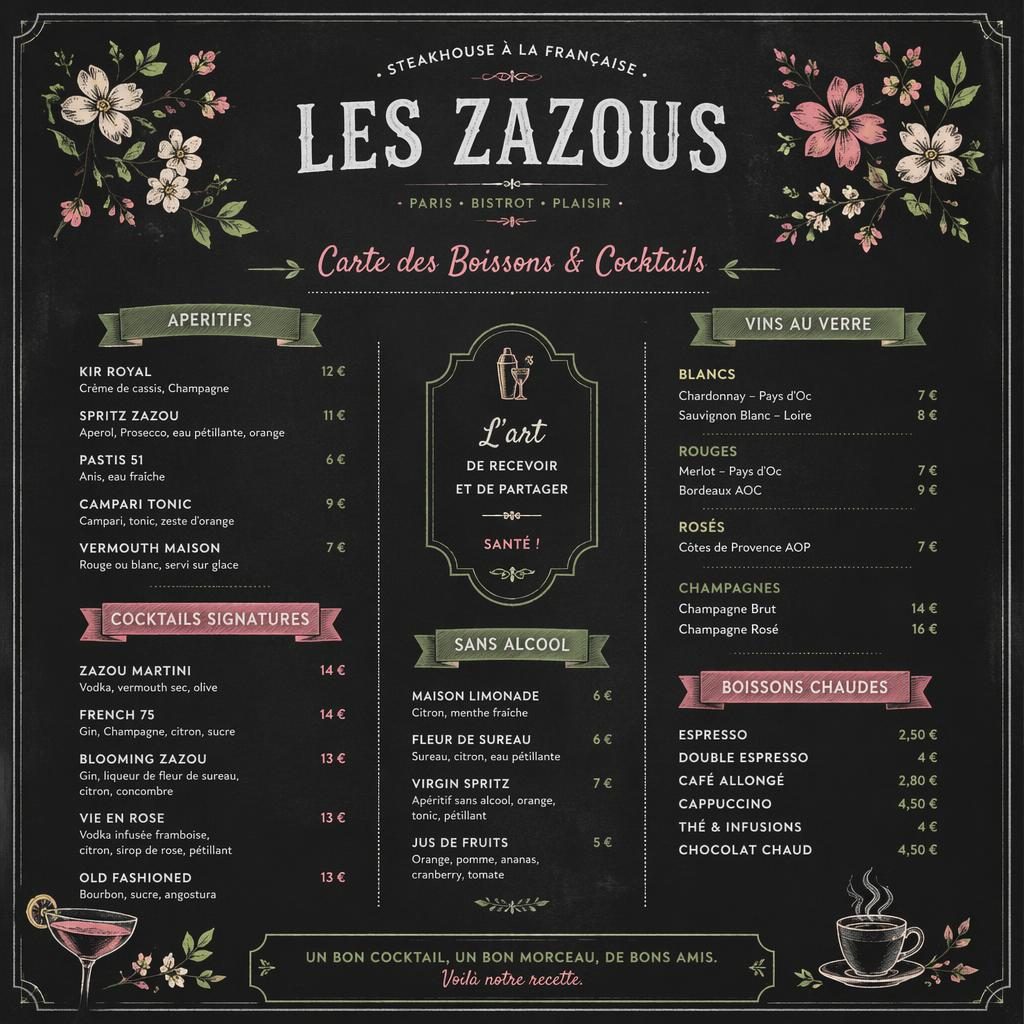 Carte de cocktails A4 en style ardoise, palette printanière, en-tête décoratif, typographie factice et colonne de prix.
