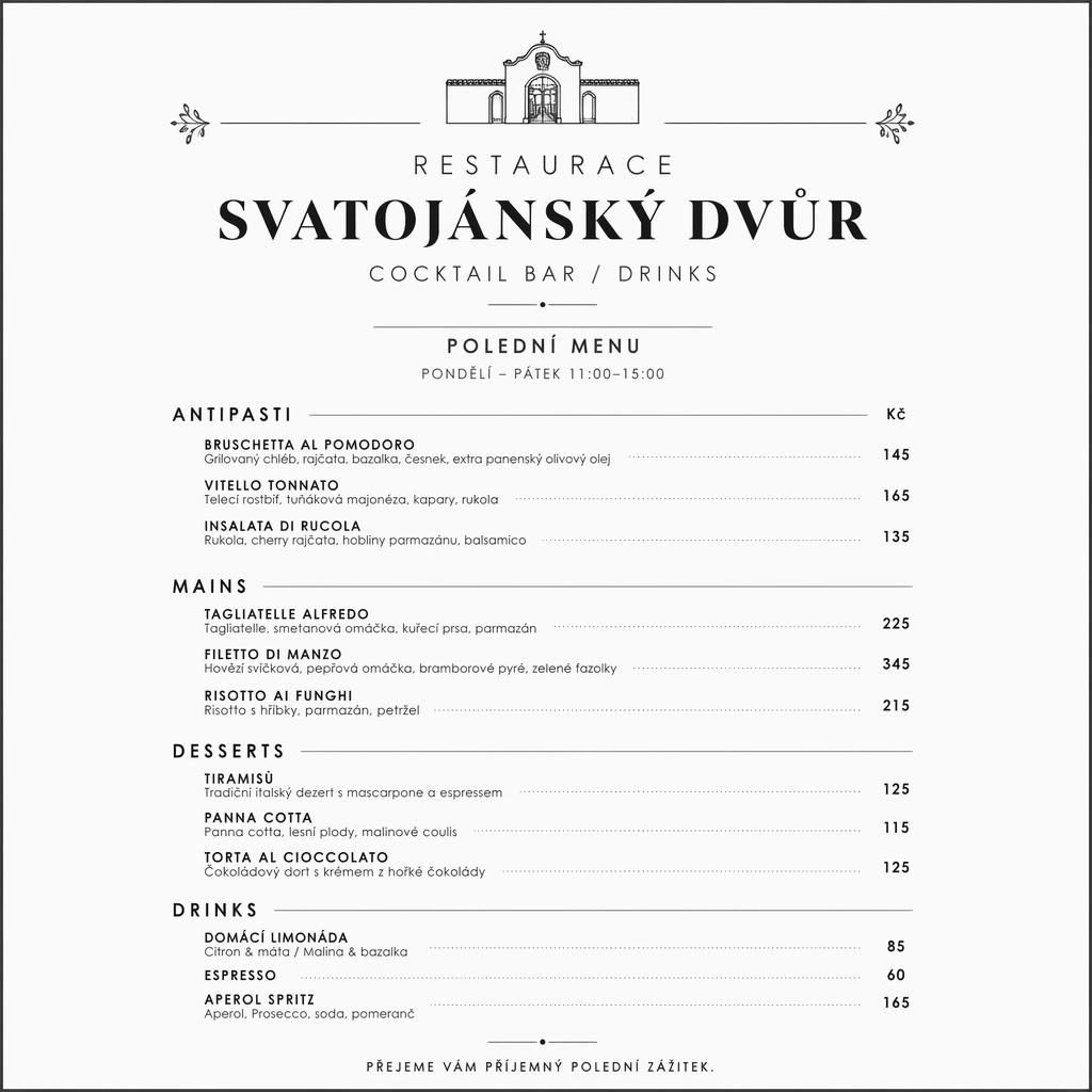 Minimalistický A4 jídelní lístek pro restaurace svatojánský dvůr v monochromatickém švýcarském stylu s cenami.