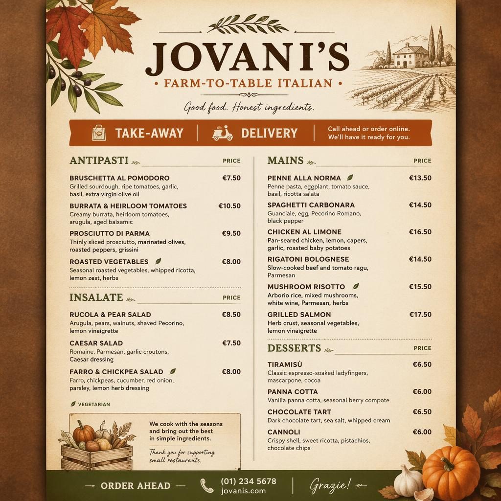 A4 portrait takeaway menu card for Jovanis Menu with rustic autumn colors, decorative header, sections, dish placeholders, and prices.