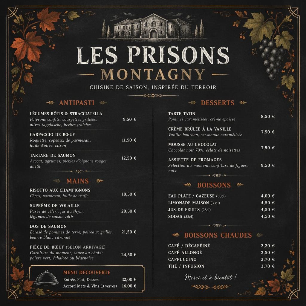 Carte de cocktails A4 en style ardoise café, palette automnale, en-tête décoratif, rubriques et colonne de prix.