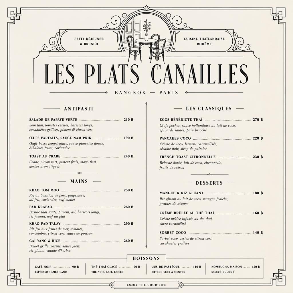 Carte de menu thaï brunch en format A4 portrait, style vintage années 1920, monochrome, avec en-tête décoratif et colonne de prix.