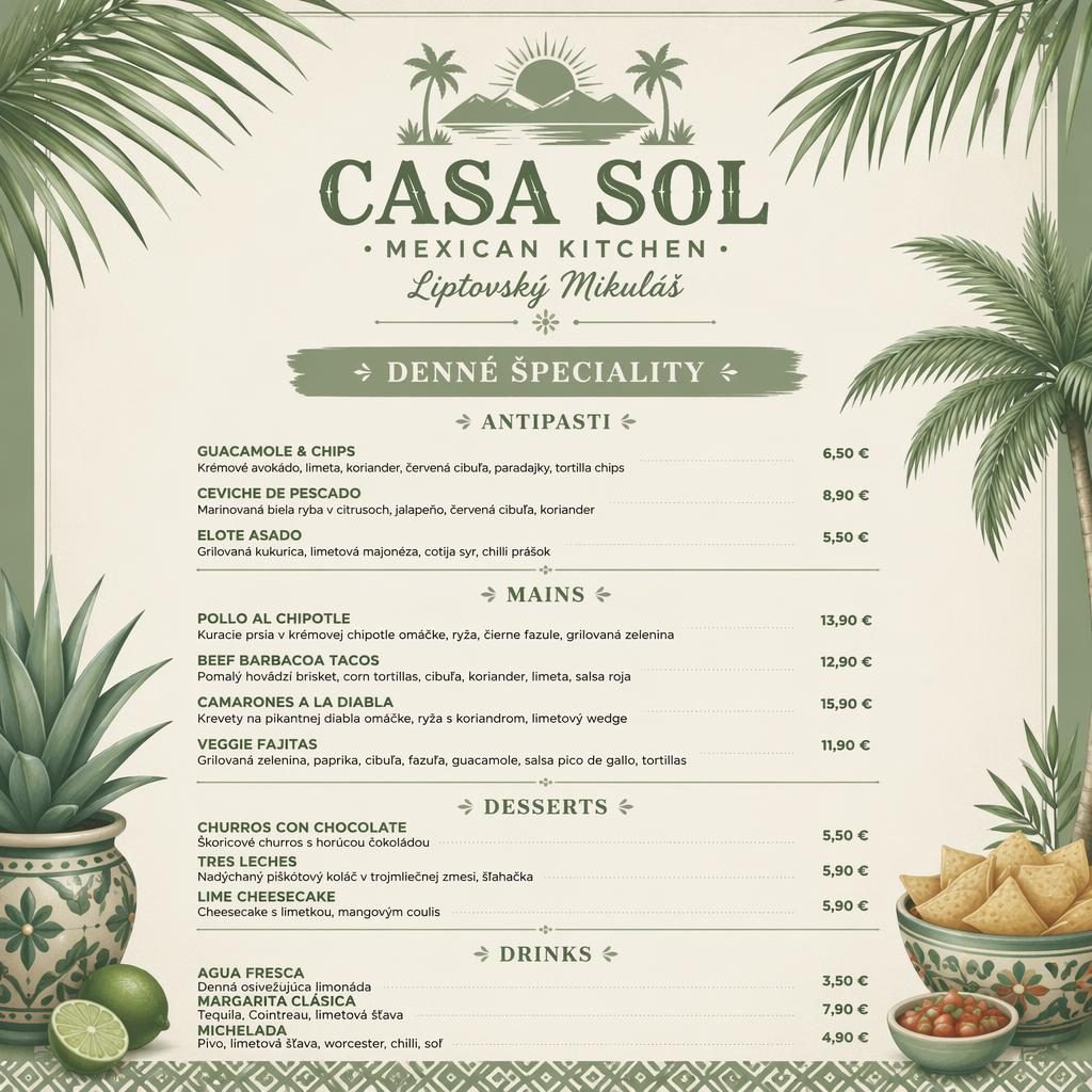 A4 menu karta na výšku pro mexickou restauraci v tropickém stylu, šalvějová a slonovinová paleta, ceny a sekce.