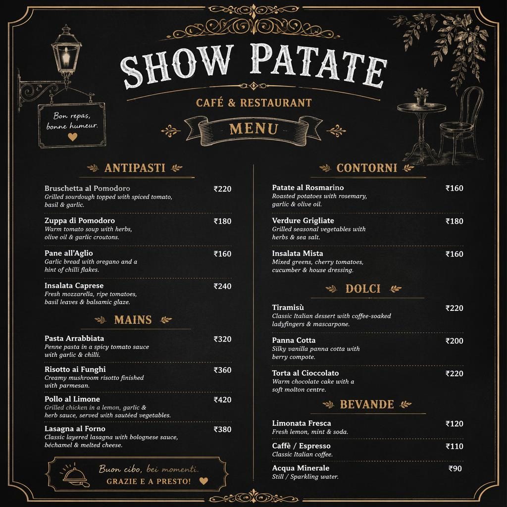 Carte de menu A4 portrait style ardoise sombre pour show patate menu indien, avec en-tête décoratif, sections et colonne de prix.