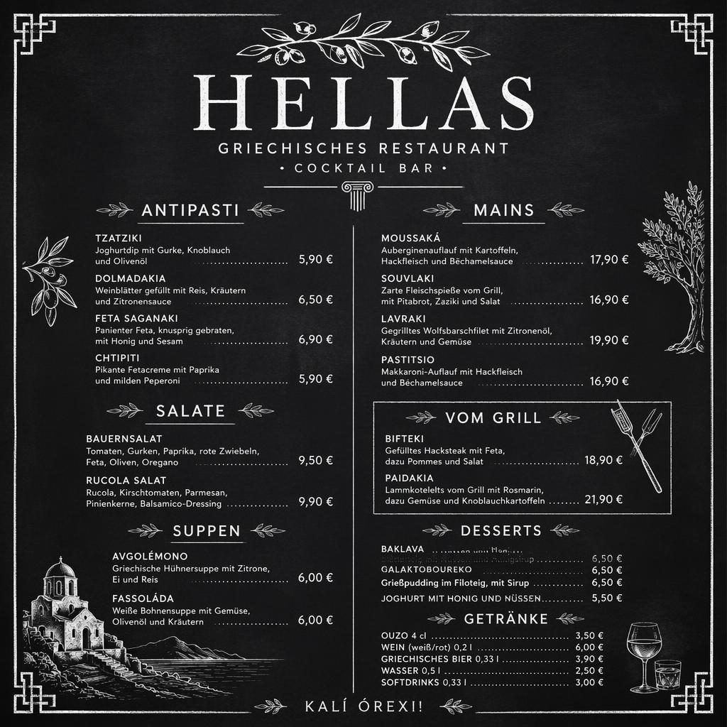 A4-Getränkekarte für griechische restaurant im Chalkboard-Stil, monochrom, mit Cocktailrubriken, Preisen und Deko-Header