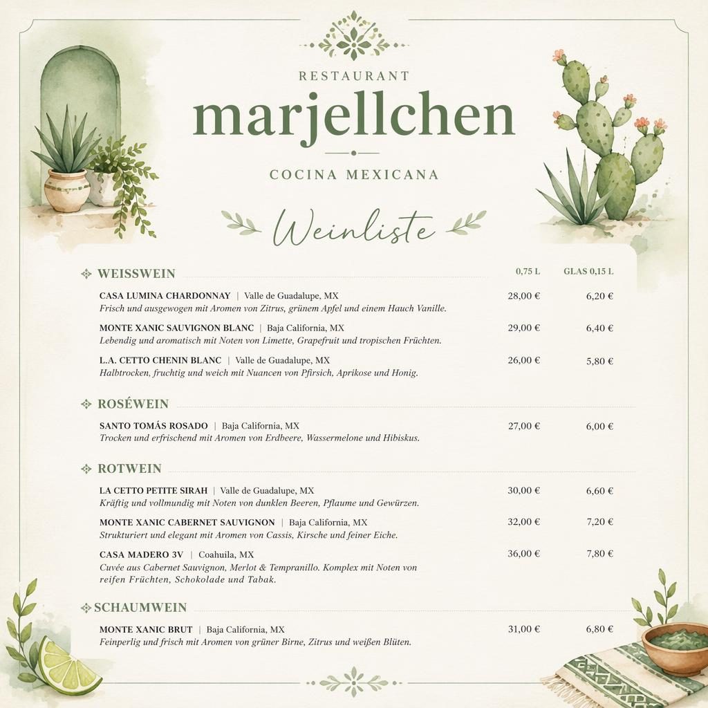 A4-Menükarte im Hochformat für restaurant marjellchen, Weinkarte im Aquarellstil in Salbei und Elfenbein mit Preisen