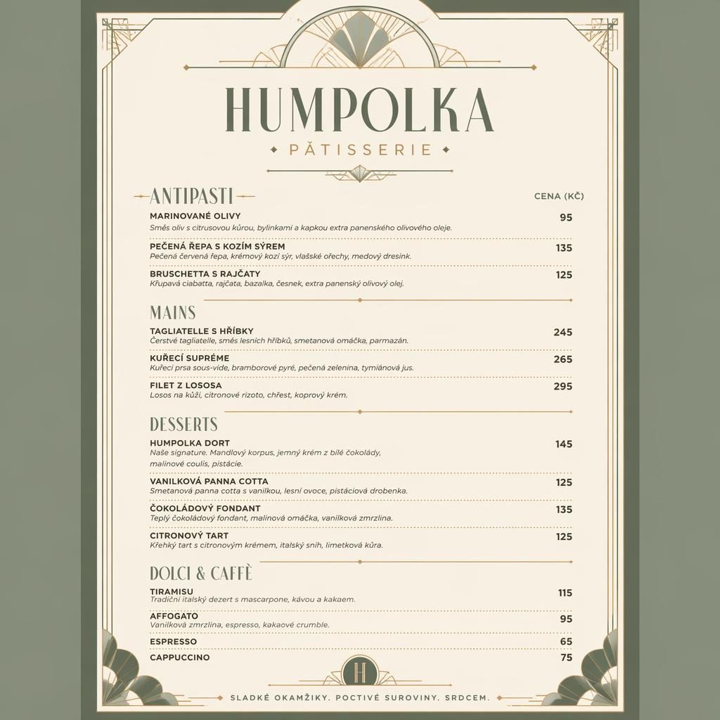 Art deco dezertní menu karta A4 pro humpolka menu v odstínech šalvějové a slonovinové s dekorativní hlavičkou