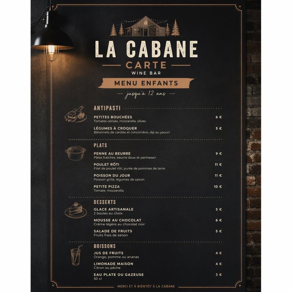 Carte menu enfant A4 portrait pour bar à vin, style loft industriel sombre, en-tête décoratif, rubriques et colonne de prix