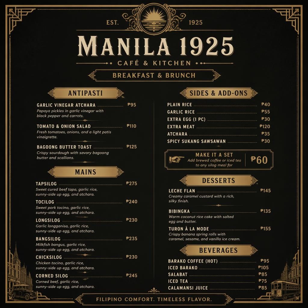 A4 portrait restaurant menu card for silog meals tapsilog menu layout in black and gold, with vintage header and price column.