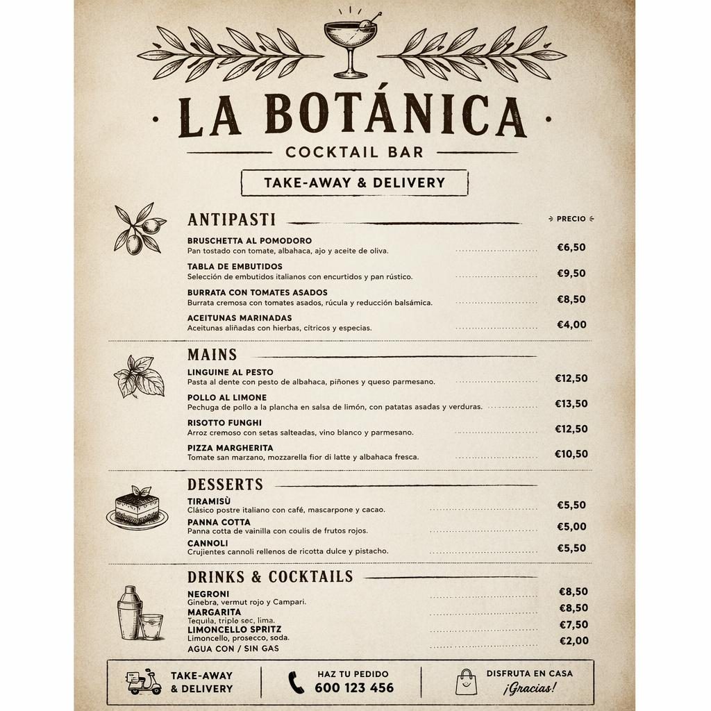 Tarjeta de menú A4 vertical para delivery con diseño rústico cálido, tipografía limpia, secciones, platos y precios.