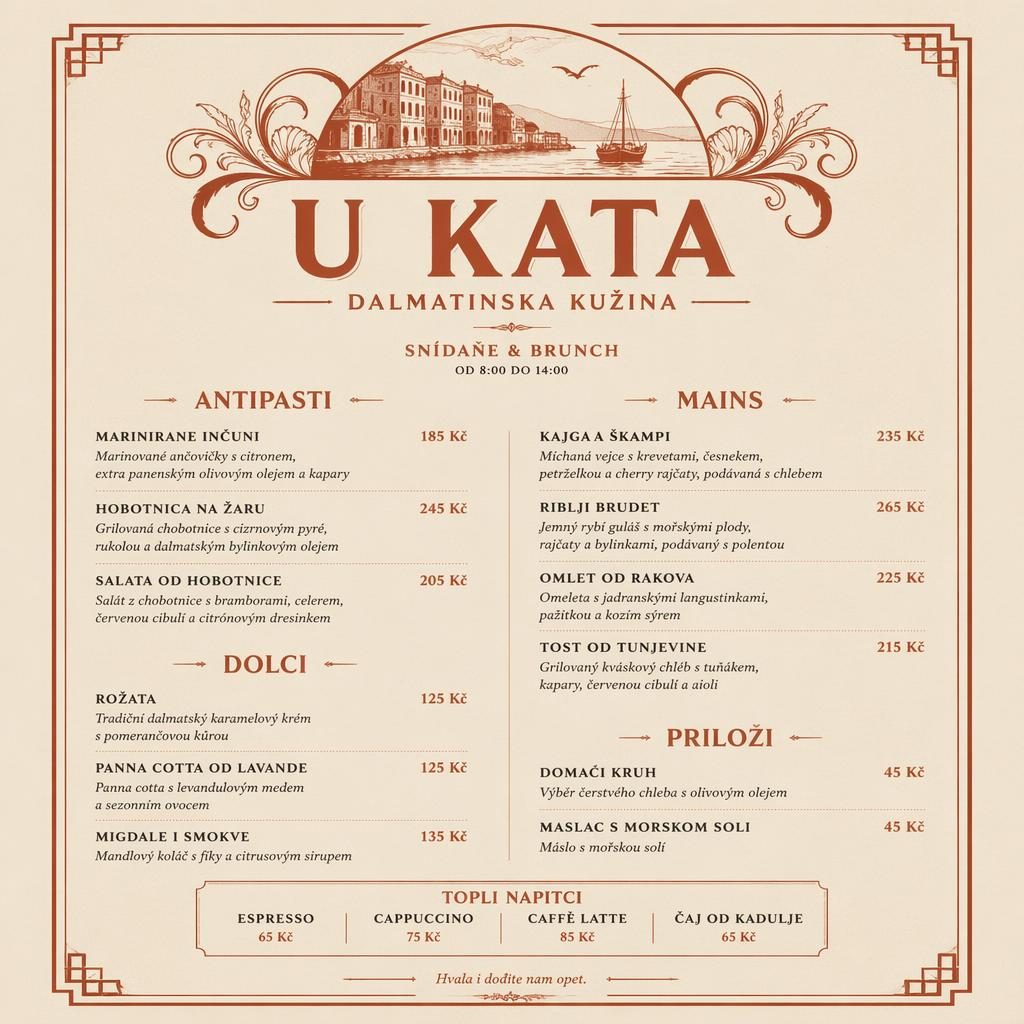Jídelní lístek A4 na výšku pro u kata menu, vintage styl 20. let, krémová a rezavá paleta, mořské brunch menu.
