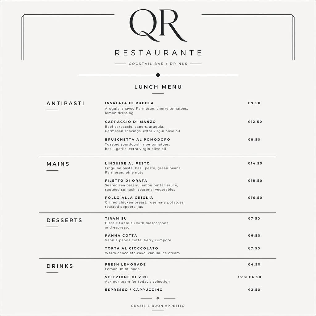 Tarjeta de menú A4 en vertical para qr restaurante, estilo suizo minimalista monocromo, con encabezado, secciones y precios.