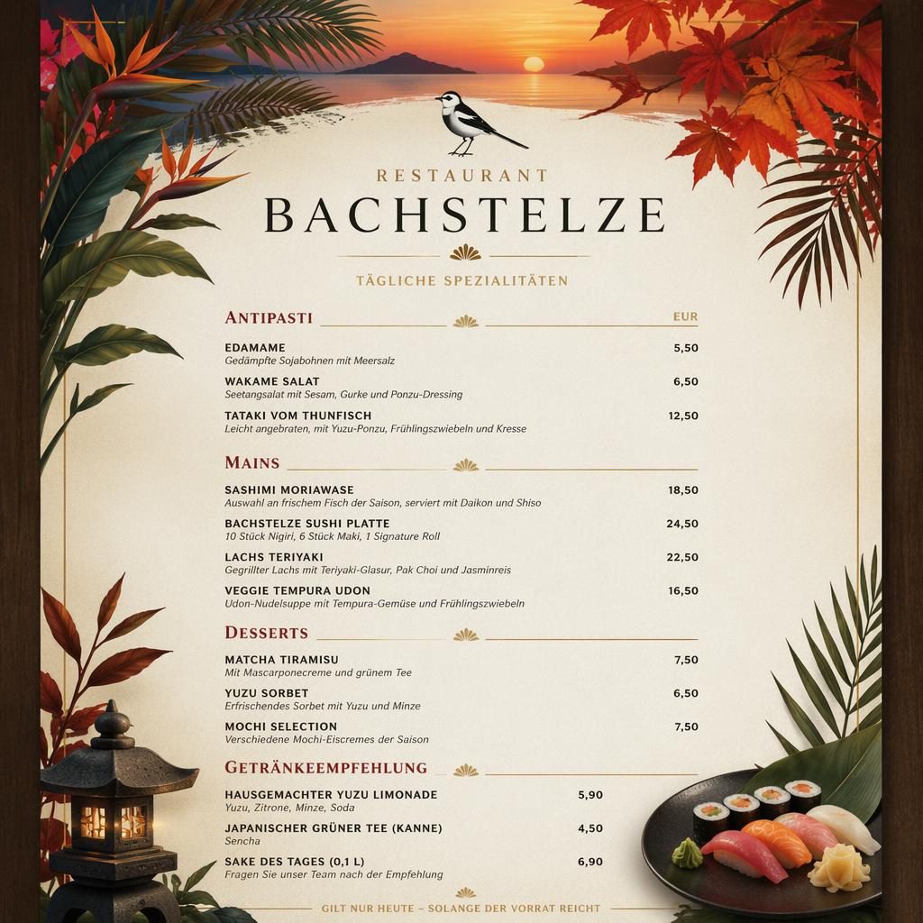 A4-Menükarte für Restaurant Bachstelze mit Sushi-Tagesgerichten, tropischem Resort-Look, Herbstfarben und Preisspalte