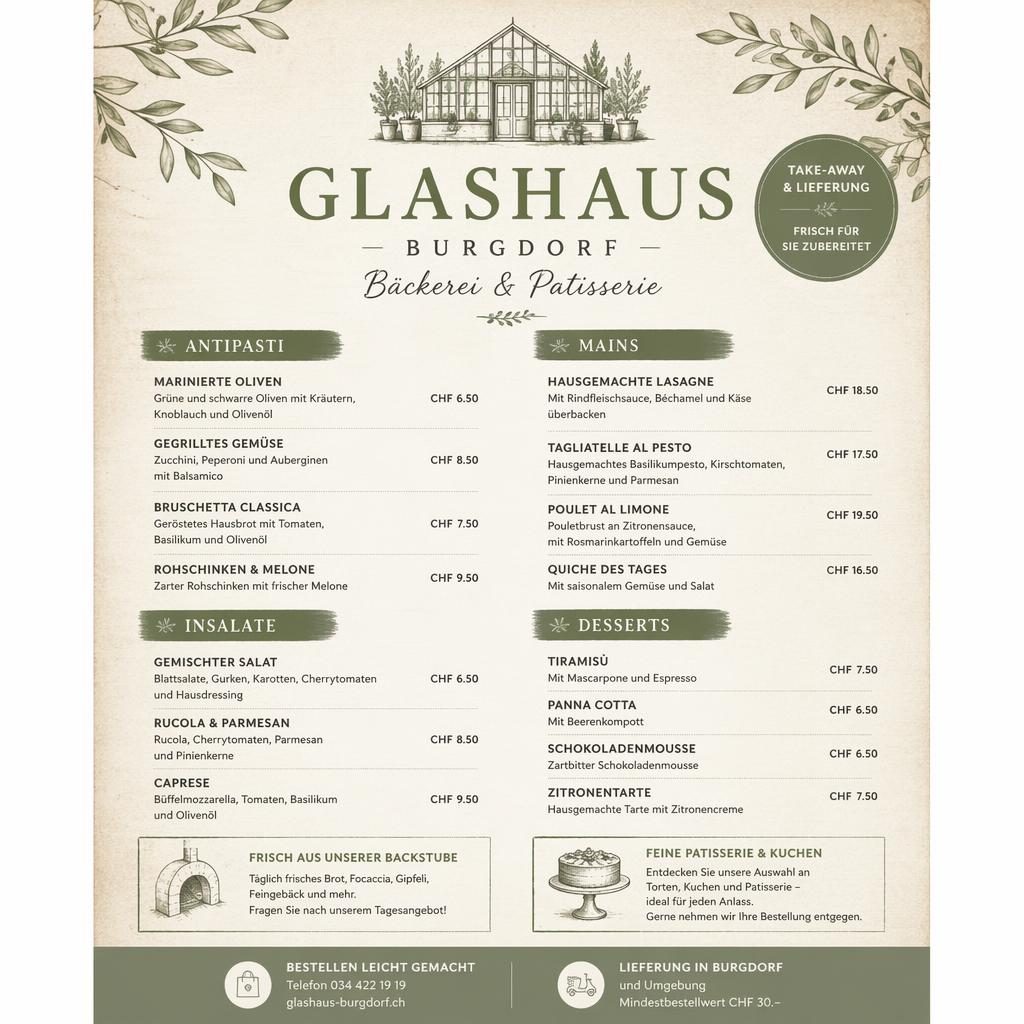 A4-Menükarte im Hochformat für glashaus burgdorf speisekarte, rustikal warm in Salbei und Elfenbein mit Preisen