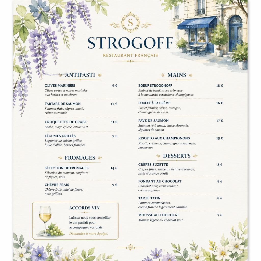 Carte des vins A4 en portrait pour restaurant strogoff, style aquarelle cosy, palette printanière, en-tête décoratif et prix.