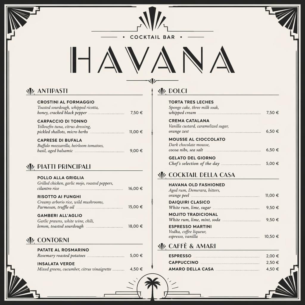 A4 dezertní menu karta Menu Havana v art deco stylu, monochromatická, s dekorativní hlavičkou a cenovým sloupcem.