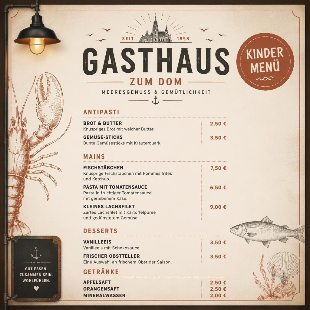 A4-Menükarte für Kinder von gasthaus zum dom mit Seafood-Gerichten, creme-rostfarbener Industrial-Loft-Optik