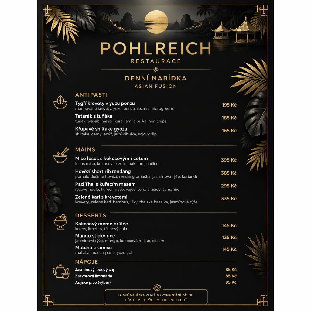 Luxusní menu karta A4 na výšku v černo-zlatém tropickém stylu pro asijské fusion denní menu s cenovým sloupcem.