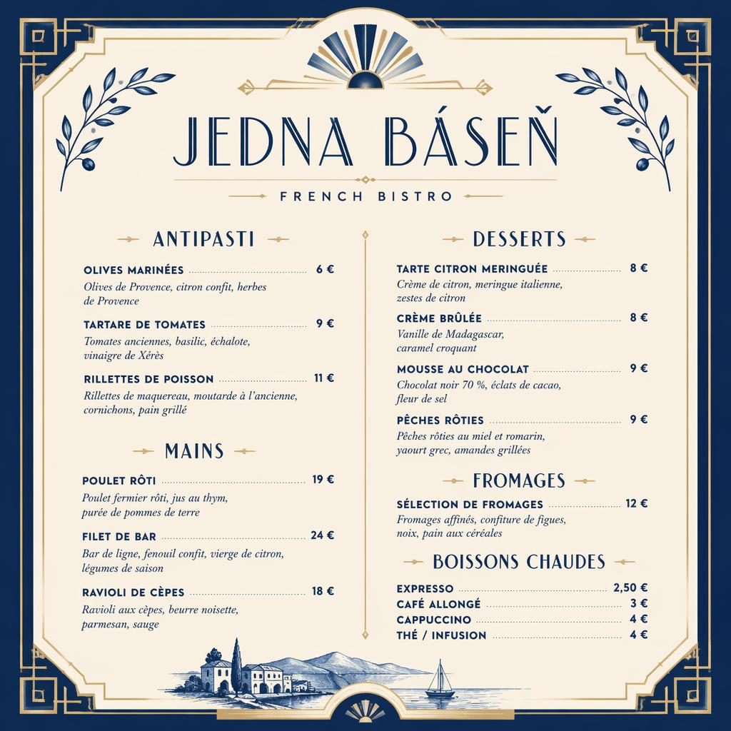 A4 dezertní menu francouzského bistra v art deco stylu, modro-krémová paleta, dekorativní záhlaví a sloupec cen.